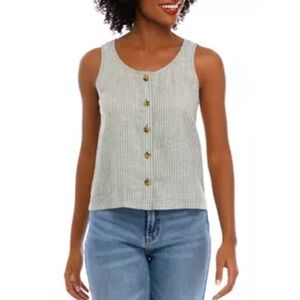 NWT Wonderly Size Large Linen Blend Button Front Tank Top Sage Green Stripe